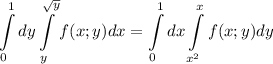 \displaystyle \int\limits^1_0dy\int\limits^{\sqrt{y}}_yf(x;y)dx=\int\limits^1_0dx\int\limits^x_{x^2} f(x;y)dy