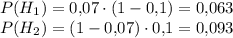 P(H_1)=0{,}07\cdot (1-0{,}1)=0{,}063\\ P(H_2)=(1-0{,}07)\cdot 0{,}1=0{,}093