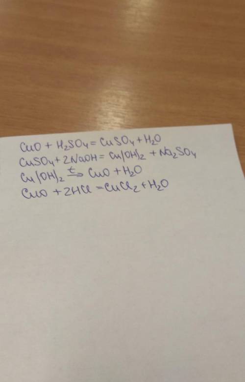 CuO+H2So4-t> CuSo4+NaOH-> Cu(OH)2-t> CuO+HCL->