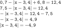 \displaystyle \tt 0,7-|x-3,4|+6,8=12,4\\\displaystyle \tt 7,5-|x-3,4|=12,4\\\displaystyle \tt -|x-3,4|=12,4-7,5\\\displaystyle \tt -|x-3,4|=4,9\\\displaystyle \tt |x-3,4|=-4,9