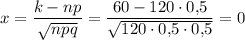 x=\dfrac{k-np}{\sqrt{npq}}=\dfrac{60-120\cdot 0{,}5}{\sqrt{120\cdot 0{,}5\cdot 0{,}5}}=0