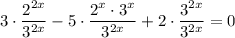 3 \cdot \dfrac{2^{2x}}{3^{2x}} - 5 \cdot \dfrac{2^{x} \cdot 3^{x}}{3^{2x}} + 2 \cdot \dfrac{3^{2x}}{3^{2x}} = 0