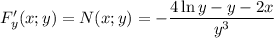 F'_y(x;y)=N(x;y)=-\dfrac{4\ln y-y-2x}{y^3}