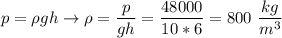 p = \rho gh \to \rho = \dfrac{p}{gh} = \dfrac{48000}{10*6} = 800~\dfrac{kg}{m^3}