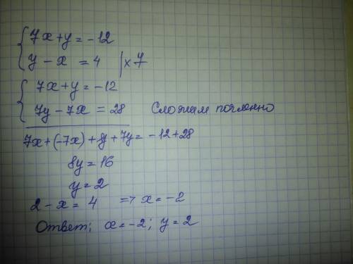 Решите систему уравнений7x+y=-12,у - х = 4.ответ:​