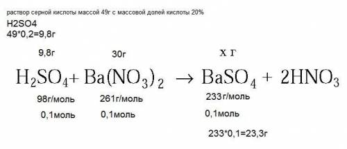 20. Какая масса осадка выпадет при взаимодействии раствора серной кислоты массой 49г с массовой доле