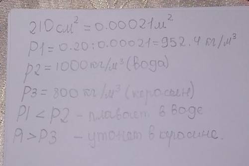 Масса тела 0,20 кг, а объём 210 см кубических. Утонет ли это тело в воде? В керосине? Какова плотнос