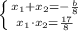 \left \{ {{x_{1}+x_{2}=-\frac{b}{8} } \atop {x_{1}\cdot x_{2}=\frac{17}{8} }} \right.