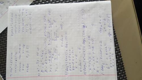 1) 11х²+22х=0 2) 10х²-40=0 3) х²-9х-10=0 4) log4(8x+3)=log4(7x-3) 5)log3(x²+5x)=log3(3x-3a) 6) log6(