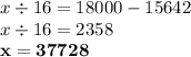 x \div 16 = 18000 - 15642 \\ x \div 16 = 2358 \\ \bf x = 37728