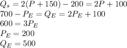 Q_s=2(P+150)-200=2P+100\\700-P_E=Q_E=2P_E+100\\600=3P_E\\P_E=200\\Q_E=500