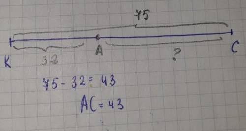 Точка А принадлежит отрезку КС. КС =75 см. КА =32см. Найдите длину отрезка АС мне у нас сейчас онлай