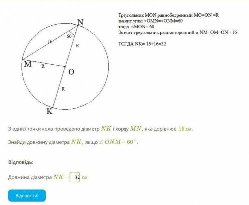 З однієї точки кола проведено діаметр NK і хорду MN, яка дорівнює 16 см . Знайди довжину діаметра N