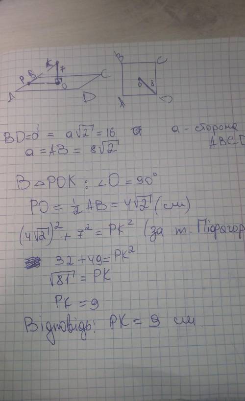 Точка М не належить площині квадрата ABCD. KO-перпендикуляр до площини квадрата, точка O - центр впи