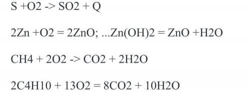 Реакция горения серы, цинка, метана и бутана?