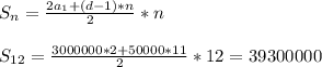S_n=\frac{2a_1+(d-1)*n}{2}*n\\ \\ S_{12}=\frac{3000000*2+50000*11}{2}*12= 39300000\\