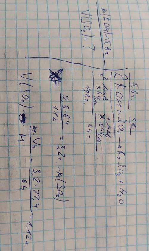 Який об'єм сульфур(lV) оксиду може поглинутм розчин калiй гiдроксиду, шо мiстить 5,6 г лугу​