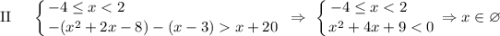 \text{II} \ \ \ \ \displaystyle \left \{ {{-4 \leq x < 2 \ \ \ \ \ \ \ \ \ \ \ \ \ \ \ \ \ \ \ \ \ \ \ \ \ \ \ \ \ \ } \atop {-(x^{2} + 2x - 8) - (x - 3) x + 20}} \right. \ \Rightarrow \ \left \{ {{-4 \leq x < 2 \ \ \ \ \ } \atop x^{2} + 4x + 9 < 0 } \right. \Rightarrow x \in \varnothing