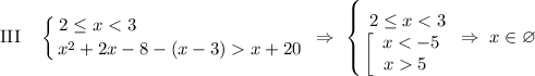 \text{III} \ \ \ \displaystyle \left \{ {{2 \leq x < 3 \ \ \ \ \ \ \ \ \ \ \ \ \ \ \ \ \ \ \ \ \ \ \ \ \ \ \ } \atop {x^{2} + 2x - 8 - (x - 3) x + 20}} \right. \ \Rightarrow \ \left \{ {{2 \leq x < 3} \atop \displaystyle \left[\begin{array}{ccc}x < -5\\x 5 \ \ \\\end{array}\right } \right. \Rightarrow \ x \in \varnothing