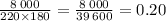 \frac{8 \: 000}{220 \times 180} = \frac{8 \: 000}{39 \: 600} = 0.20 А