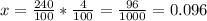 x=\frac{240}{100} *\frac{4}{100} =\frac{96}{1000} =0.096