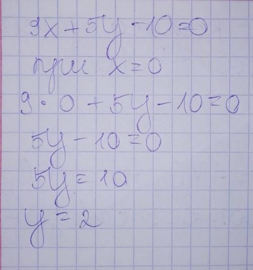 Найди значение y, соответствующее значению x=0 для линейного уравнения 9x+5y−10=0 у=