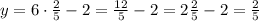 y=6\cdot \frac{2}{5} -2 = \frac{12}{5}-2 = 2\frac{2}{5}-2 = \frac{2}{5}