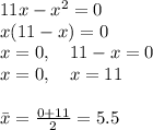 11x-x^2=0\\x(11-x)=0\\x=0, \quad 11-x=0\\x=0, \quad x=11\\\\\bar {x} = \frac{0+11}{2}=5.5
