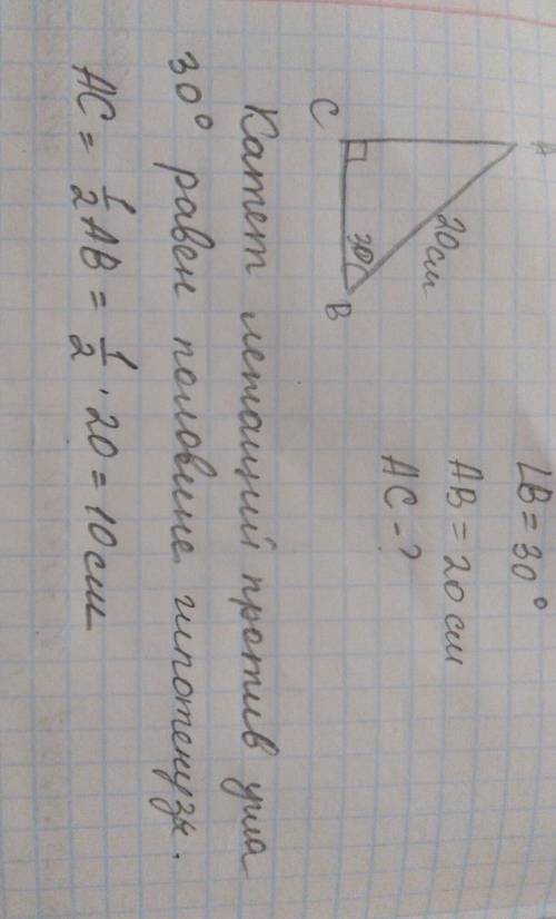 В прямоугольном треугольнике один из острых углов 30○ , а гипотенуза равна 20 см. Найти катет треуго