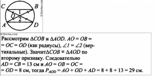 Отрезки AB и CD — диаметры окружности с центром O. Найдите периметр треугольника AOD, если известно,