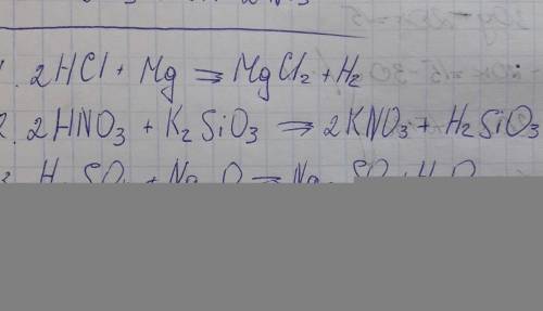 Составьте уравнение реакций в ионном и молекулярном виде 1.HCL+MG 2.HNO3+K2SIO3 3.H2SO4+NA2O