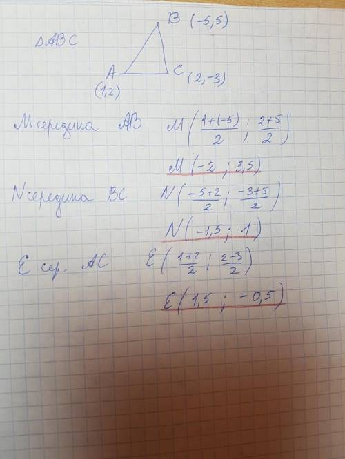 Даны вершины треугольника: А (1; 2), В (-5;-5), С (2; -3). Найдите координаты середины сторон треуго