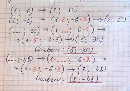 Найди зависимость между числами и заполни пустые окошки: (1;−6), (2;−12), ( ;−30), ( ;−48).