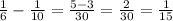 \frac{1}{6} - \frac{1}{10} = \frac{5 - 3}{30} = \frac{2}{30} = \frac{1}{15}