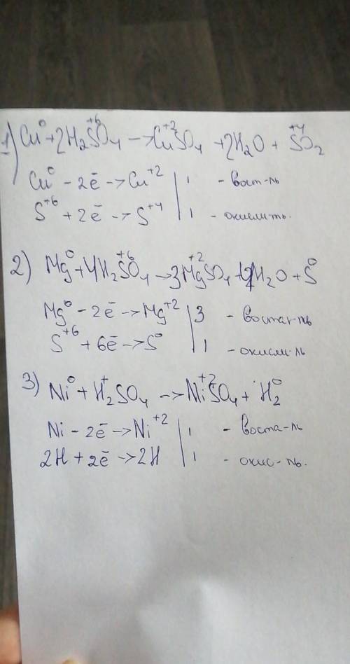 Уравнять методом окислительно-восстановительного баланса: Сu + 2H₂SO₄ → CuSO₄ + 2H₂O + SO₂ 3Mg + 4H₂