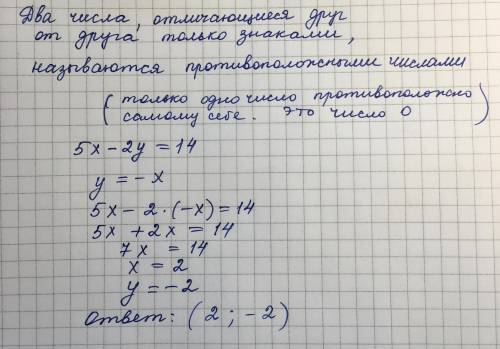 Найдите пару противоположных чисел, которая является решением уравнения 5x-2y=14