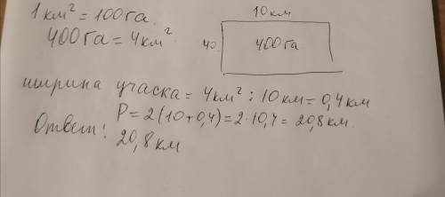 Площадь земельного участка равна 400 ha.чему равен периметр участка если длина участка равна 10 км​