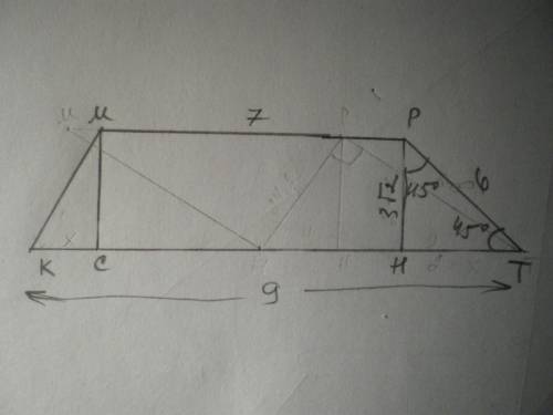 Знайти площу трапеції, основи якої дорівнюють 7 см і 9 см, а бічна сторона довжиною 6 см утворює з б