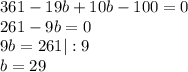 361-19b+10b-100=0\\261-9b=0\\9b=261|:9\\b=29\\