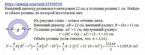 Внешний диаметр резинового мяча равен 22 см, а толщина резины 1 см. Найдите объем резины, из которой