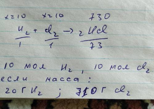1. Вычислите объем хлора и водорода, которые необходимы для получений 730 г хлороводорода. 2. Вычисл