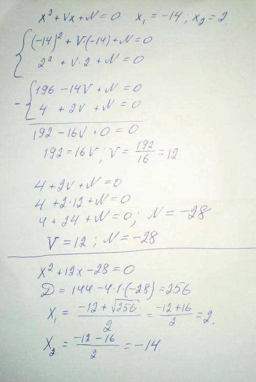 Корнями квадратного уравнения x2+Vx+N=0 являются −14 и 2. Чему равны коэффициенты V и N? (Первым впи