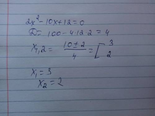 Реши квадратное уравнение 2x2−10x+12=0. Корни: x1 = ; x2 = (первым вводи больший корень).