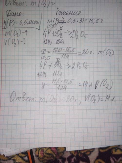 Решить задачу: Вычислить массу и объем кислорода необходимого для реакции с 0,5 моль фосфора​