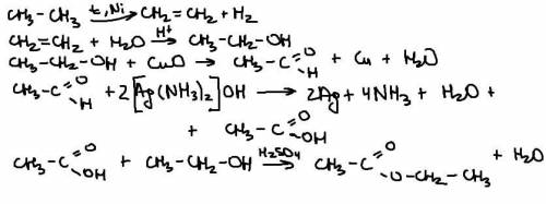 Напишите уравнения реакций по цепочке:c2h6--c2h4--c2h5OH--ch3chO--ch3cooh--ch3cooc2h5​
