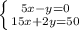 \left \{ {{5x-y=0} \atop {15x+2y=50}} \right.