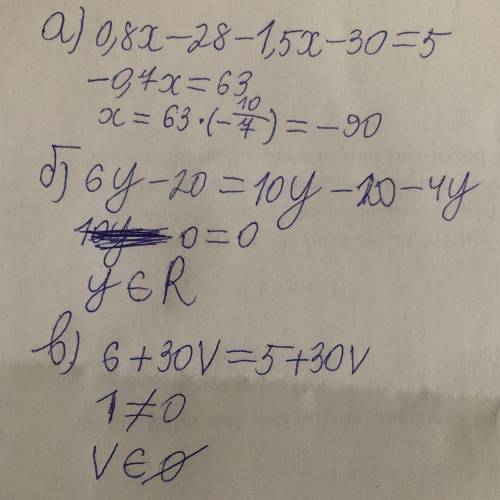 Решите уравнения: а) 4(0,2x – 7) – 5(0,3x + 6) = 5; б) 6y – 20 = 2(5y – 10) – 4y; в) 6(1 + 5v) = 5(1