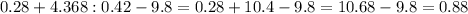 0.28+4.368:0.42-9.8=0.28+10.4-9.8=10.68-9.8=0.88