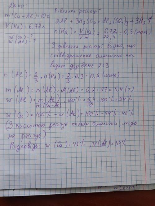 Смесь опилок меди и алюминия массой 10г обработали разбавленной серной кислотой. При этом выделилось