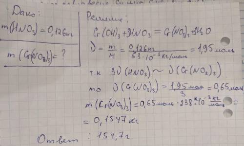 Рассчитать массу соли полученной при растворении гидроксида хрома lll в 126 г азотной кислоты